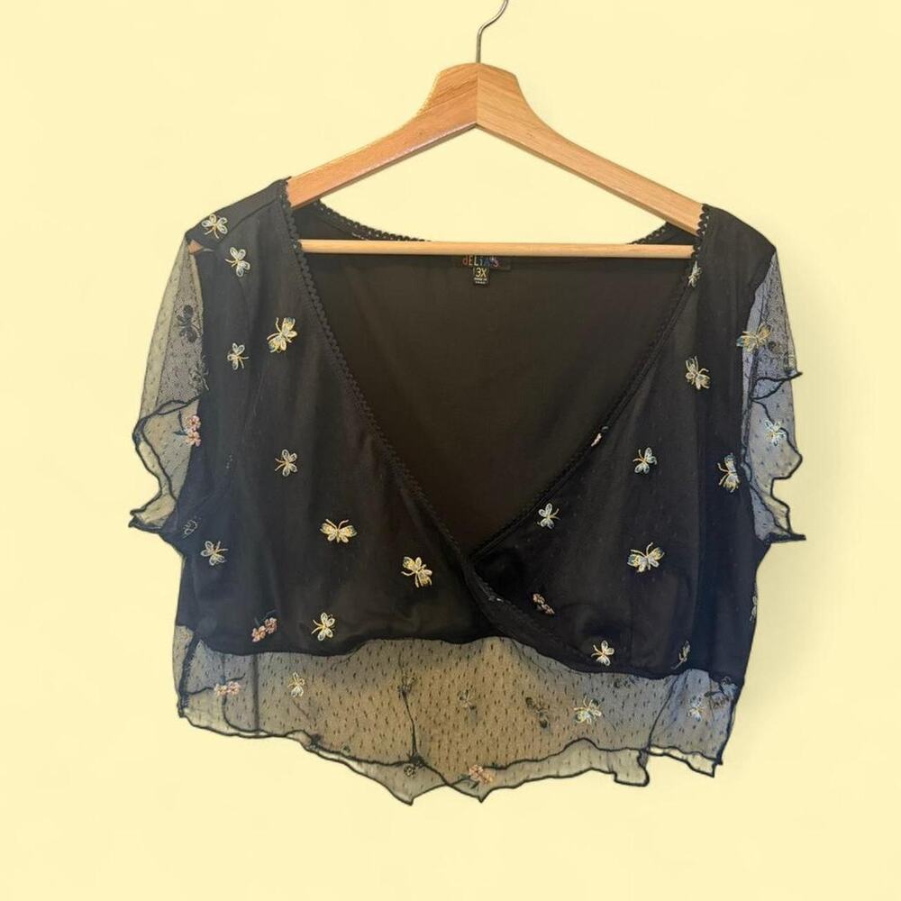 Delia’s Black Mesh Butterfly Embroidered Top Sheer Y2K Fairycore Whimsigoth 3X